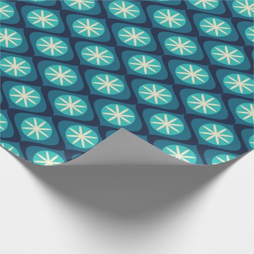 Retro 70s wavy floral pattern _ blue  wrapping paper