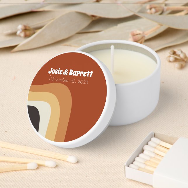 Retro 70s Wedding Personalized Burnt Orange Mini Candle Favors (Insitu)