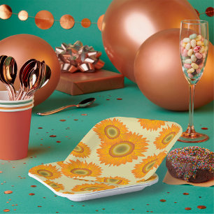 Retro 70s Yellow Sunflower Floral Pattern Paper Plates