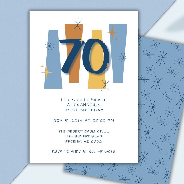 Retro 70th Birthday Midcentury Modern Blue Invitation (Creator Uploaded)