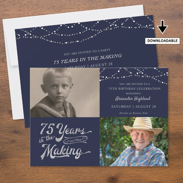 Retro 75th Birthday 2 Photo Navy Blue Silver Invitation (Creator Uploaded)