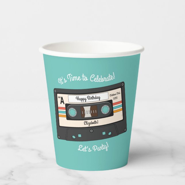 Retro 80's 90's Cassette Tape Music Birthday Party Paper Cups (Front)