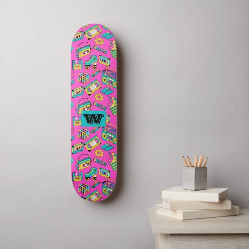 Retro 80s 90s Fun Colorful Tech Neon Pink Monogram Skateboard