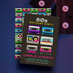Retro 80s 90s Funky Neon Cassette Tape Birthday Invitation