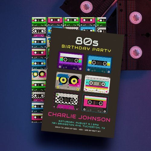 Retro 80s 90s Funky Neon Cassette Tape Birthday Invitation