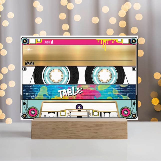 Retro 80's 90's Hip Hop Gold Cassette Tape Wedding Place Card (Unique retro 80's 90's hip hop music colorful graffiti gold cassette tape wedding table place card)