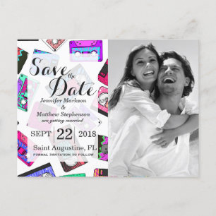 Retro 80's 90's Neon Patterned Cassette Tapes Announcement Postcard