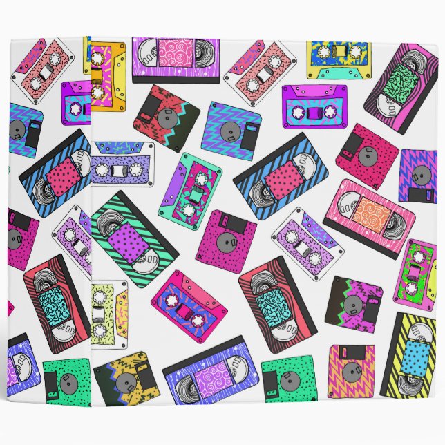 Retro 80's 90's Neon Patterned Cassette Tapes Binder (Front/Spine)