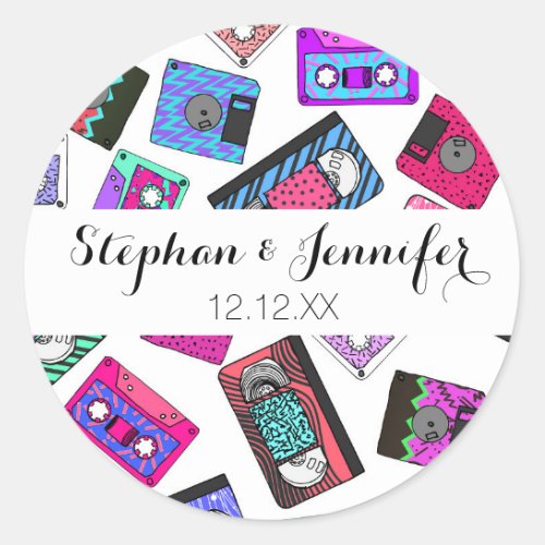 Retro 80s 90s Neon Patterned Cassette Tapes Classic Round Sticker