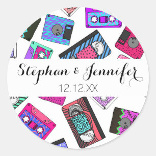 Retro 80's 90's Neon Patterned Cassette Tapes Classic Round Sticker
