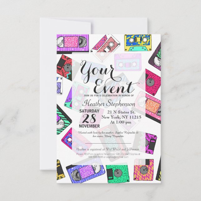 Retro 80's 90's Neon Patterned Cassette Tapes Invitation (Front)