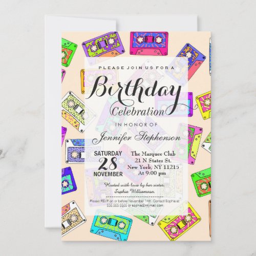 Retro 80s 90s Neon Patterned Cassette Tapes Invitation