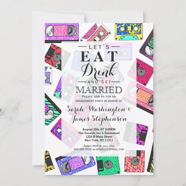 Retro 80's 90's Neon Patterned Cassette Tapes Invitation (Front)