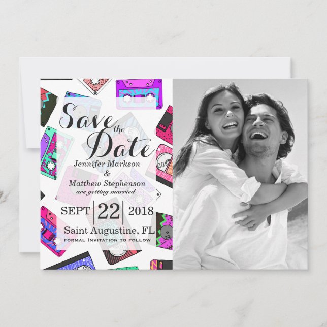 Retro 80's 90's Neon Patterned Cassette Tapes Invitation (Front)