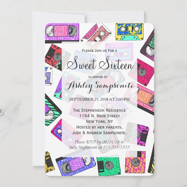 Retro 80's 90's Neon Patterned Cassette Tapes Invitation (Front)
