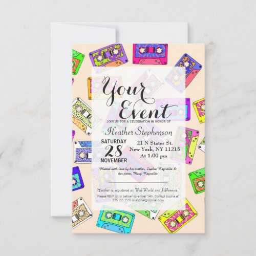 Retro 80s 90s Neon Patterned Cassette Tapes Invitation