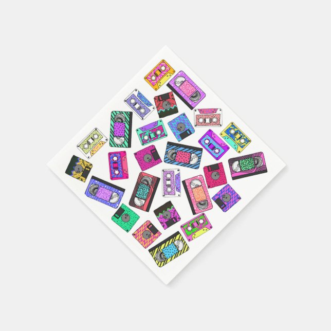 Retro 80's 90's Neon Patterned Cassette Tapes Paper Napkins (Corner)