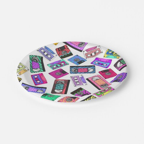 Retro 80s 90s Neon Patterned Cassette Tapes Paper Plates