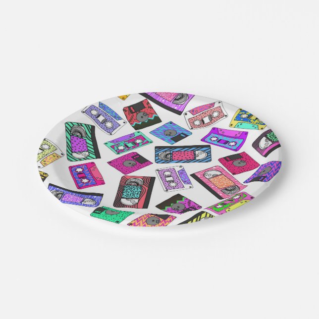 Retro 80's 90's Neon Patterned Cassette Tapes Paper Plates (Angled)