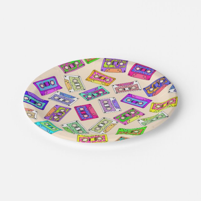 Retro 80's 90's Neon Patterned Cassette Tapes Paper Plates (Angled)