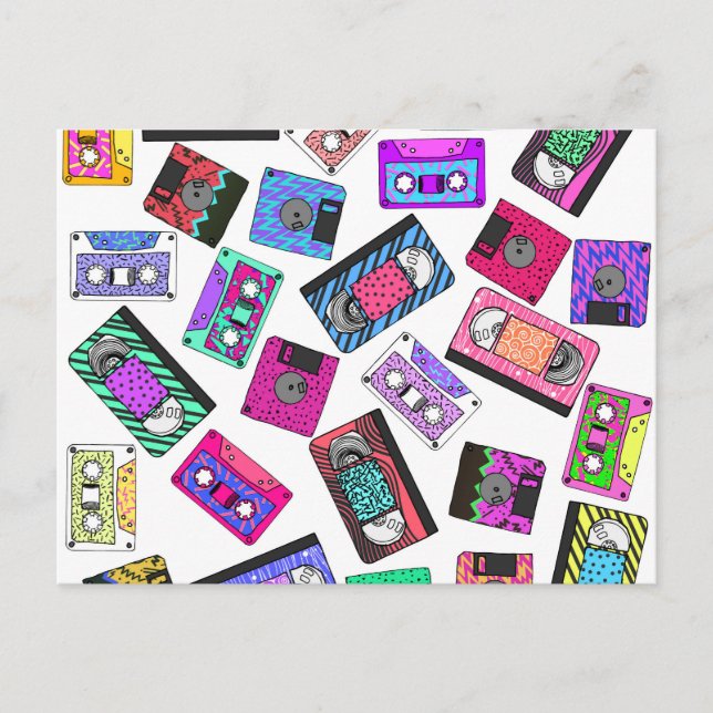 Retro 80's 90's Neon Patterned Cassette Tapes Postcard (Front)