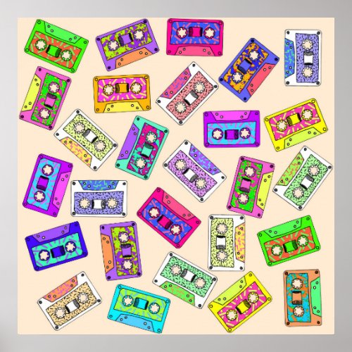 Retro 80s 90s Neon Patterned Cassette Tapes Poster