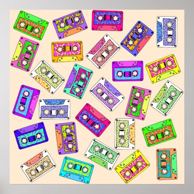 Retro 80's 90's Neon Patterned Cassette Tapes Poster (Front)