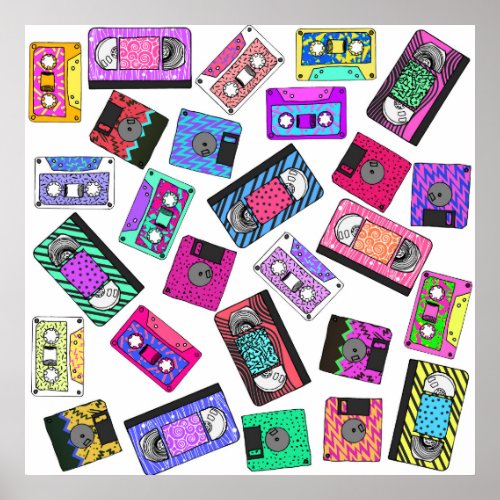 Retro 80s 90s Neon Patterned Cassette Tapes Poster