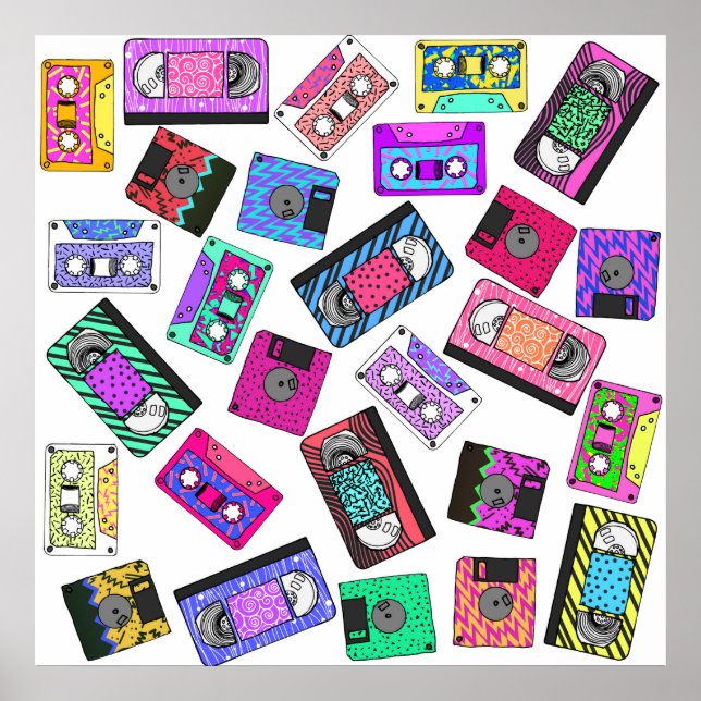 Retro 80's 90's Neon Patterned Cassette Tapes Poster (Front)