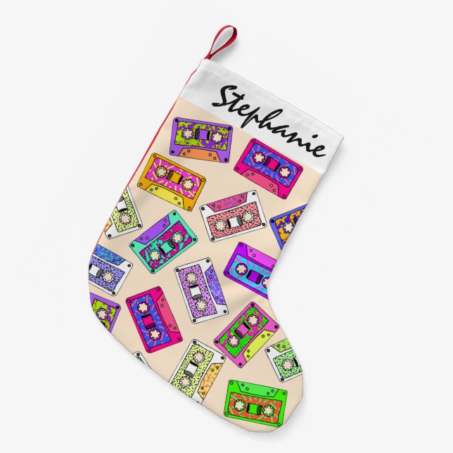 Retro 80's 90's Neon Patterned Cassette Tapes Small Christmas Stocking (Front (Hanging))