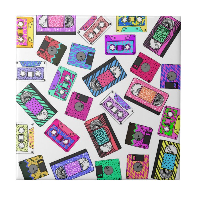 Retro 80's 90's Neon Patterned Cassette Tapes Tile (Front)