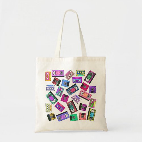 Retro 80s 90s Neon Patterned Cassette Tapes Tote Bag