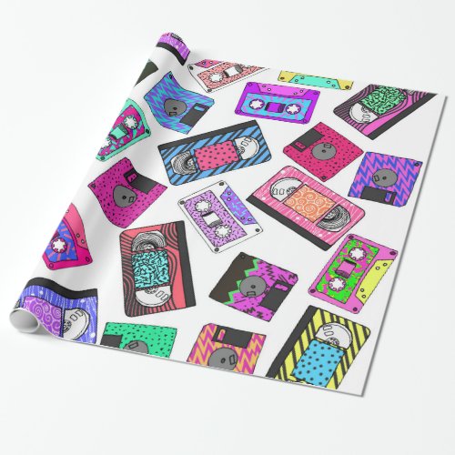 Retro 80s 90s Neon Patterned Cassette Tapes Wrapping Paper