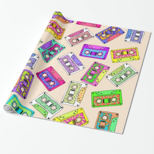 Retro 80s 90s Neon Patterned Cassette Tapes Wrapping Paper