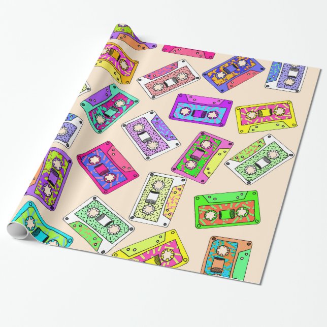 Retro 80's 90's Neon Patterned Cassette Tapes Wrapping Paper (Unrolled)