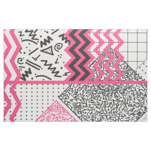 Retro 80's 90's Neon Pink Black White Scribbles Fabric