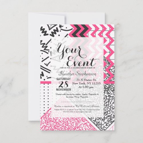 Retro 80s 90s Neon Pink Black White Scribbles Invitation