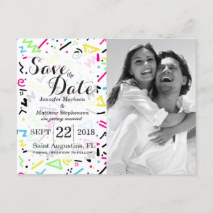 Retro 80's 90's Neon Pink Green Blue Yellow Doodle Announcement Postcard