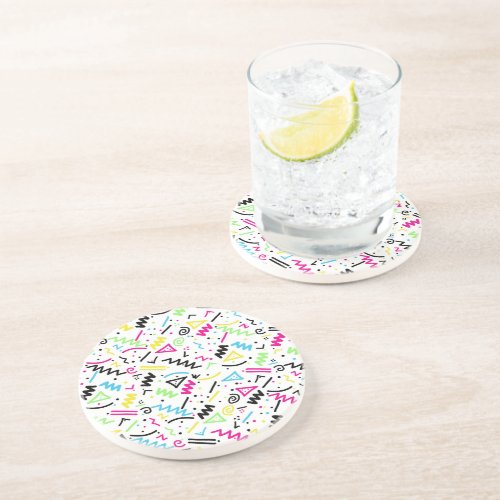 Retro 80s 90s Neon Pink Green Blue Yellow Doodle Drink Coaster