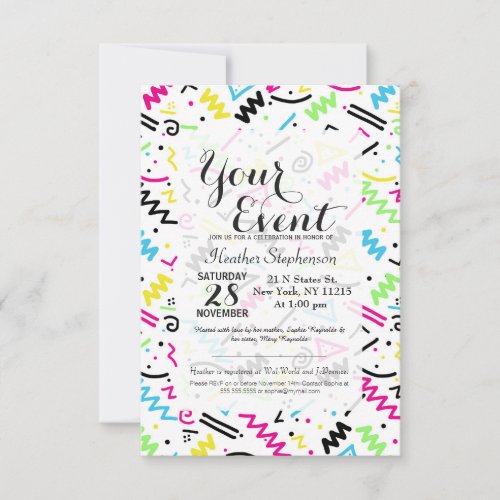 Retro 80s 90s Neon Pink Green Blue Yellow Doodle Invitation