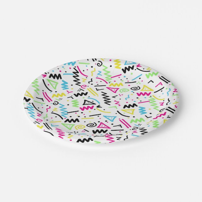 Retro 80's 90's Neon Pink Green Blue Yellow Doodle Paper Plates (Angled)