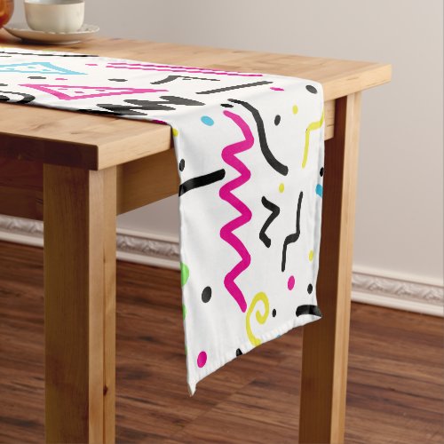 Retro 80s 90s Neon Pink Green Blue Yellow Doodle Short Table Runner