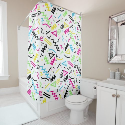 Retro 80s 90s Neon Pink Green Blue Yellow Doodle Shower Curtain