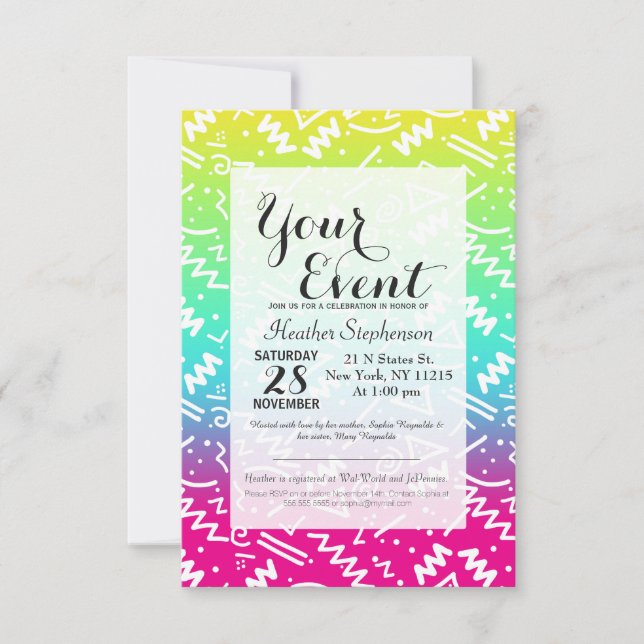 Retro 80's 90's Neon Rainbow Sketched Doodle Invitation (Front)
