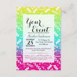 Retro 80's 90's Neon Rainbow Sketched Doodle Invitation