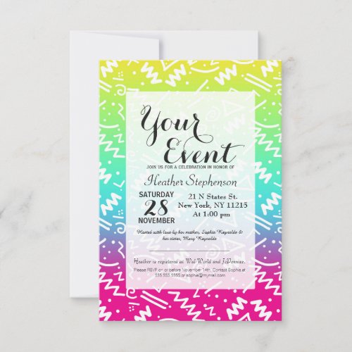 Retro 80s 90s Neon Rainbow Sketched Doodle Invitation