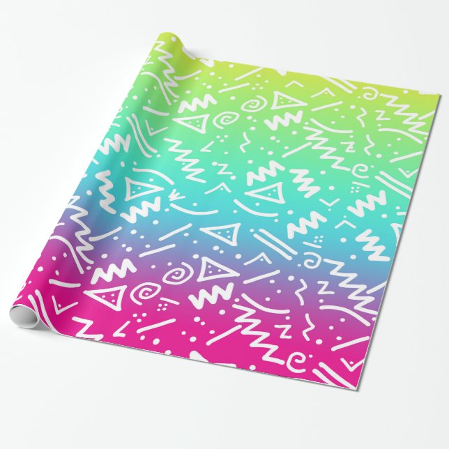 Retro 80's 90's Neon Rainbow Sketched Doodle Wrapping Paper (Unrolled)