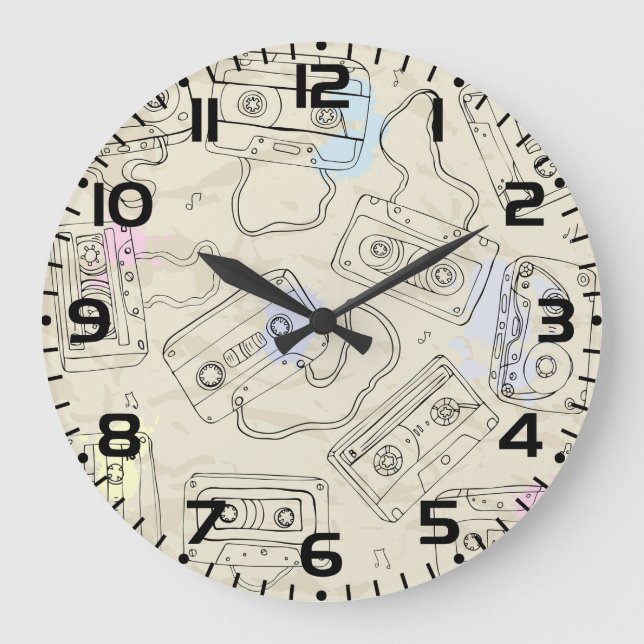 Retro 80s 90s Nostalgic Cassette Mix Tape Pattern Large Clock (Front)