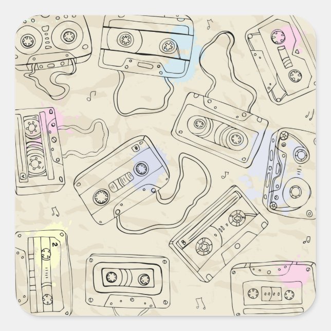 Retro 80s 90s Nostalgic Cassette Mix Tape Pattern Square Sticker (Front)