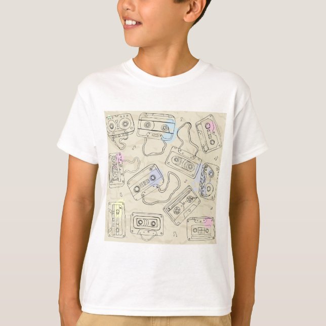 Retro 80s 90s Nostalgic Cassette Mix Tape Pattern T-Shirt (Front)